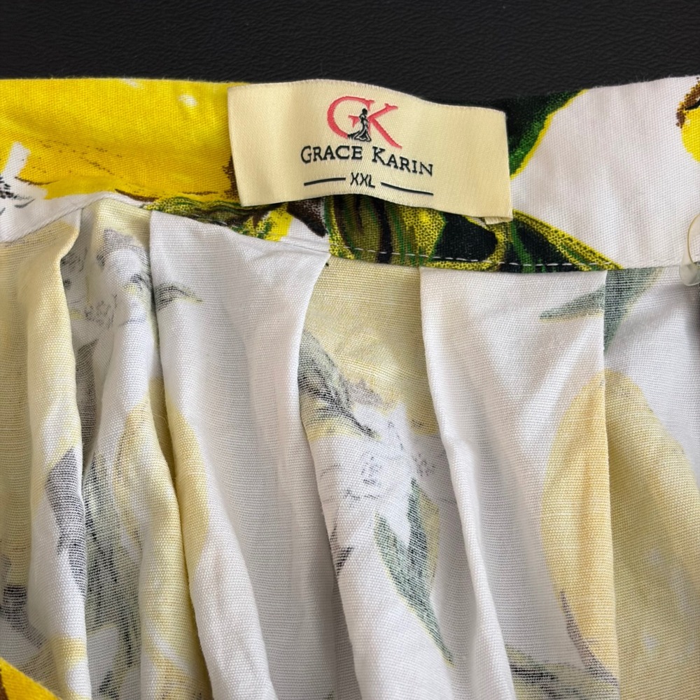 Grace Karin Lemon Print Pleated A-Line Skirt White Yellow XXL Retro Summer - Picture 5 of 6